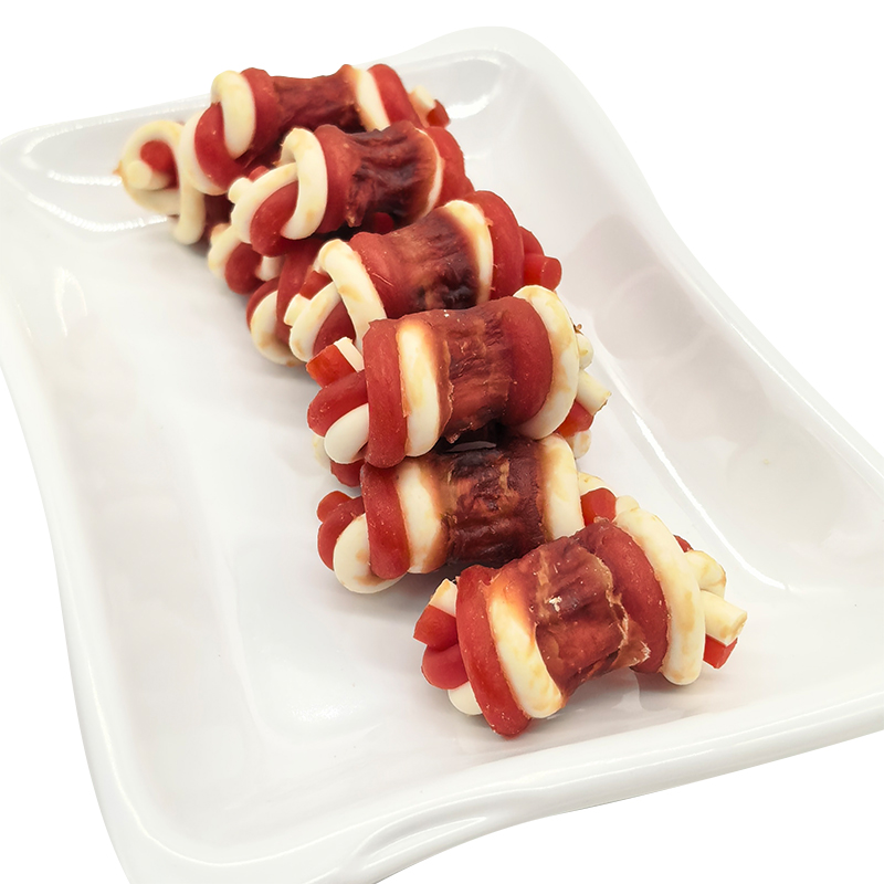 Zartes Entenfleisch um einen Knochen gewickelt; ein Beißstab für Haustiere, ein Leckerbissen zur Kalziumergänzung und für ein gesundes Fell.