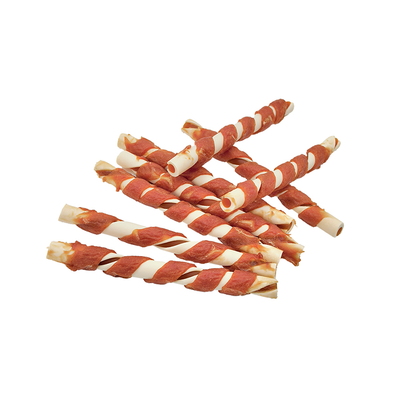 Zweifarbiger, mit Entenstreifen umwickelter gedrehter Kaustab – langlebige Kausnacks für Hunde (12–12,5 cm)
