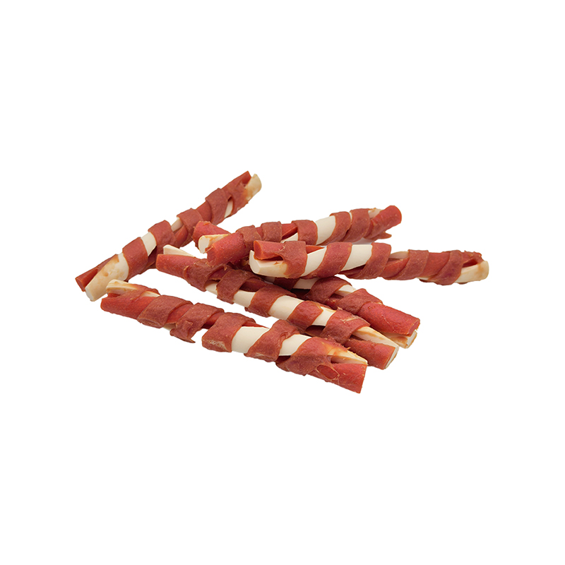 Zweifarbiger, mit Entenstreifen umwickelter, schmetterlingsförmiger, gedrehter Kaustab – langlebige Kausnacks für Hunde (12–12,5 cm)