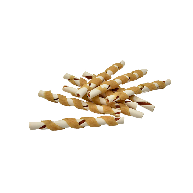 Zweifarbiger, mit Hähnchenstreifen umwickelter, gedrehter Kaustab – langlebige Kausnacks für Hunde (12–12,5 cm)