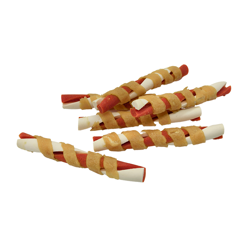 Zweifarbiger, mit Hühnerstreifen umwickelter, schmetterlingsförmiger, gedrehter Kaustab – langlebige Kausnacks für Hunde (12–12,5 cm)