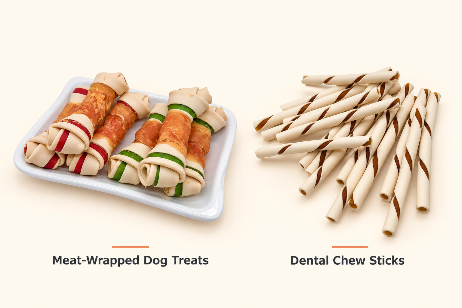 Meat-wrapped knotted bone dog treats alongside two-tone twisted dental chew sticks