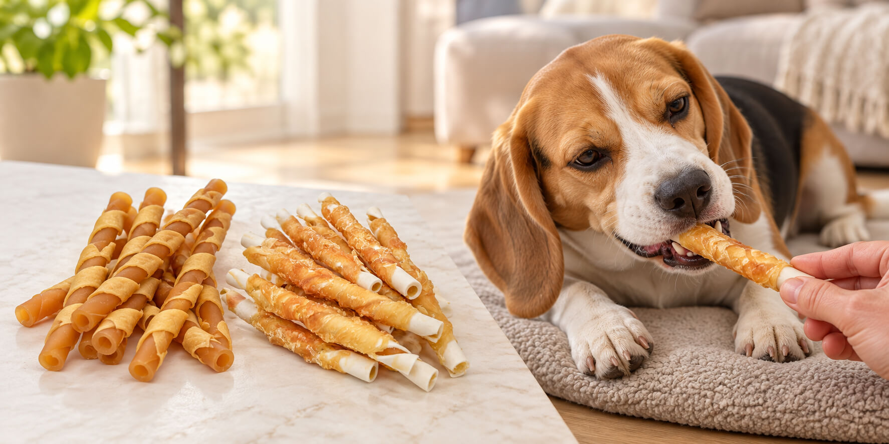 Side-by-side views of dog teeth brushing and a dog chewing a chicken-wrapped dental stick