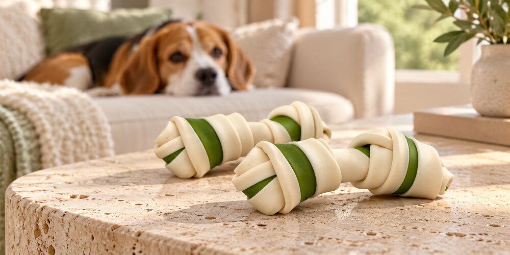 Close-up of green and ivory knotted dental chews with a Beagle in the background