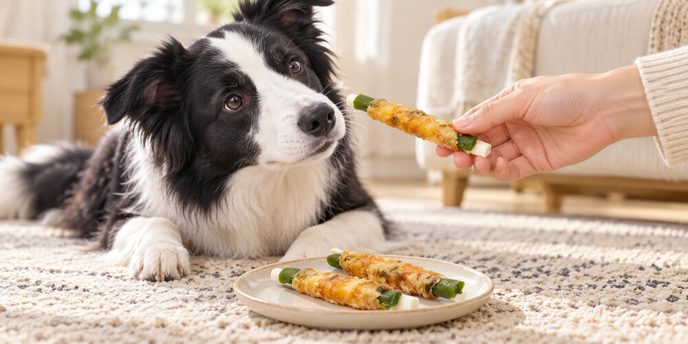 Border collie watching an owner offer a meat-wrapped green and ivory chew stick